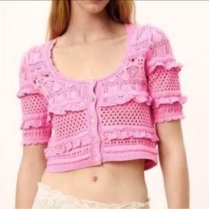 ZARA Pink Pointelle Crochet Crop Top Button Down Cardigan NEW WITH TAGS Size S